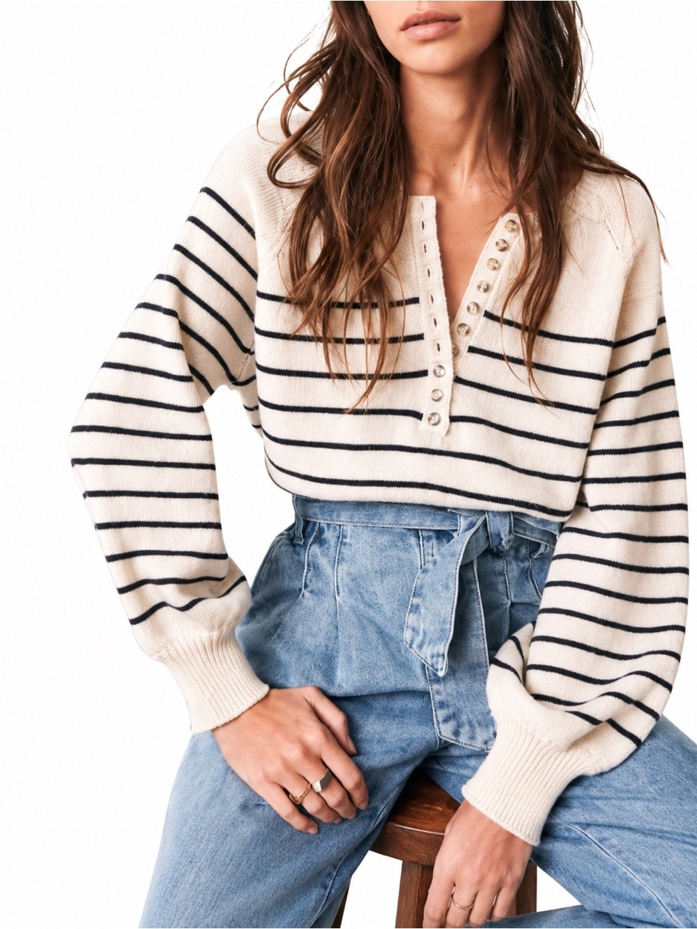 Sezane Leontine Henley Sweater Black Ecru Stripes Cotton 0597 large french